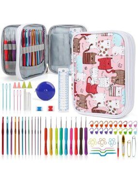 Crochet Hook Set 85 Piece Ergonomic Knitting Needles Stitch Markers Case Kit